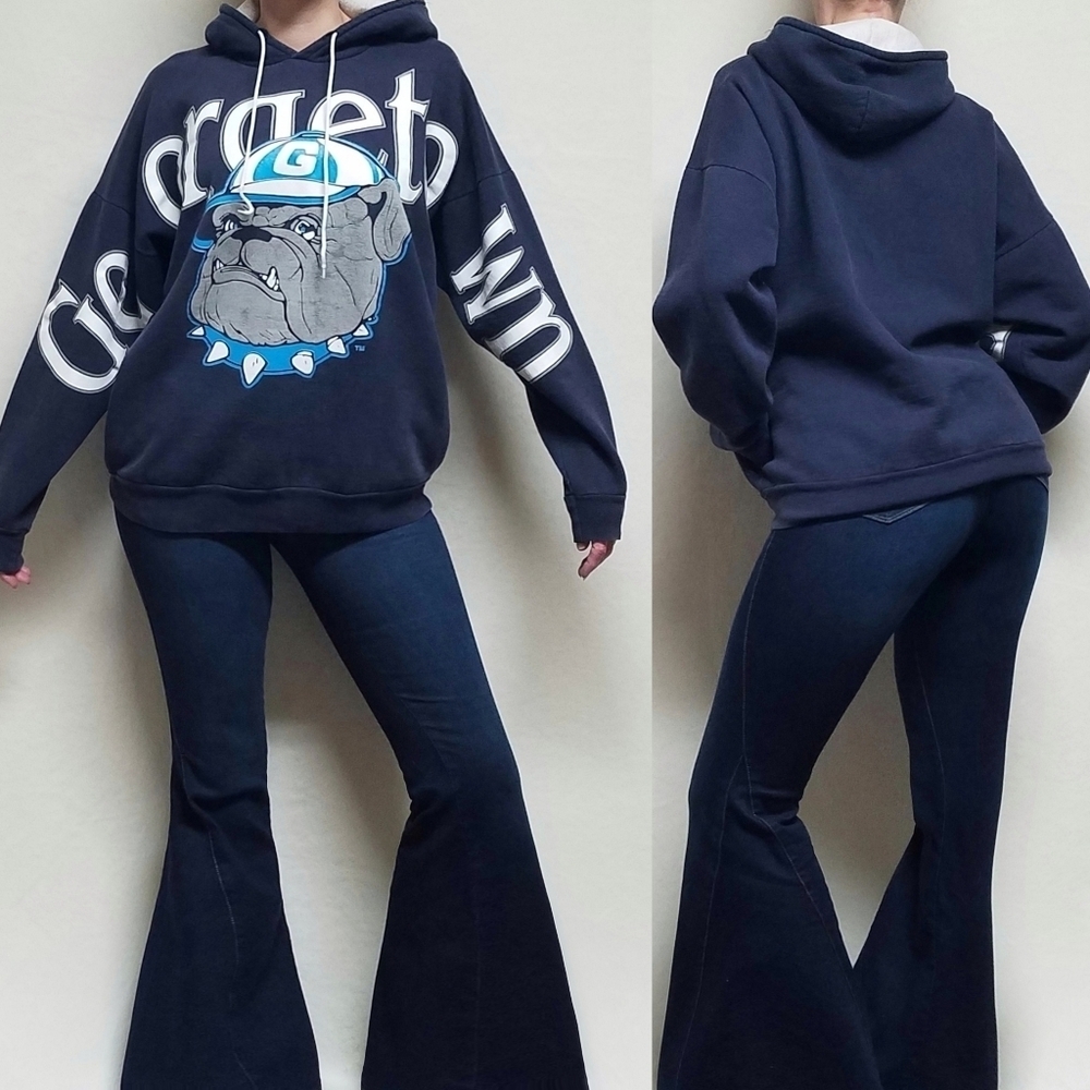 Rare Vintage 90s Georgetown Bulldogs Hoyas Navy Blue Gray Heavyweight Hoodie